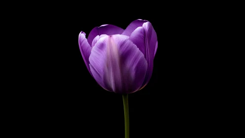 Purple tulip macro portrait on deep black background.