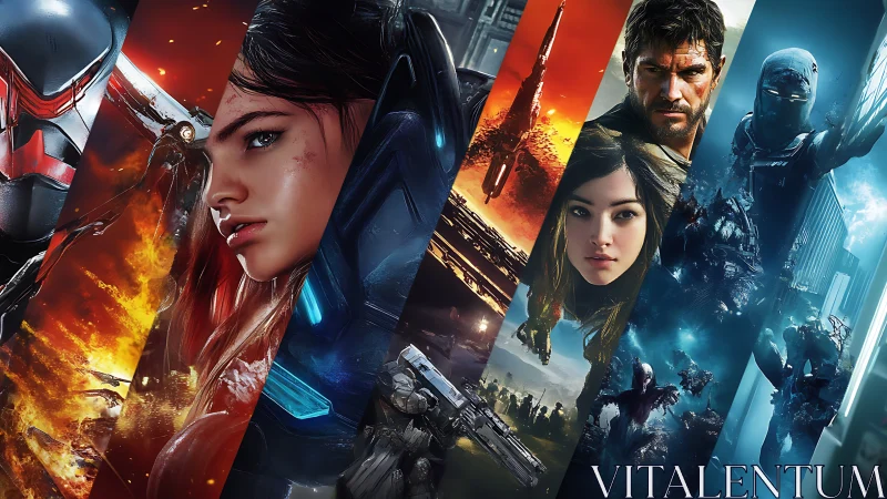 Segmented sci fi character montage in contrasting color bands.