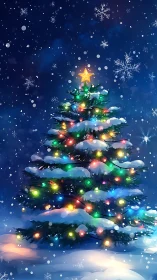 Snowy Christmas tree glows under a starry winter sky.
