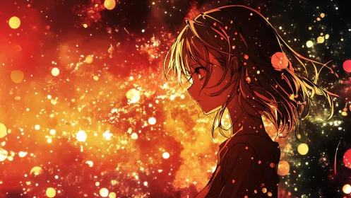 Fiery anime silhouette gazes into a cosmic blaze of light.