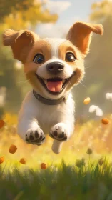 Sunlit puppy sprinting through a dreamy meadow of joy.