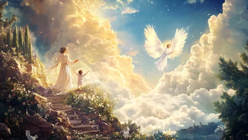Heavenly path of mother, child, and a welcoming angel.