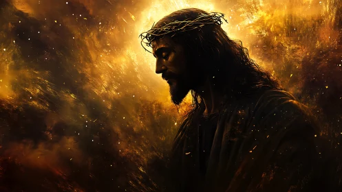 Crowned figure in golden inferno with dramatic chiaroscuro profile.