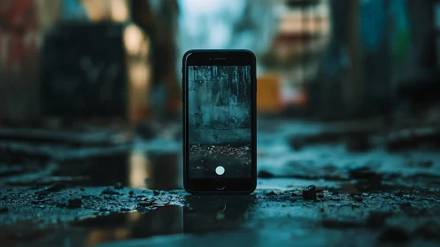 Smartphone records shallow depth view of wet urban alley