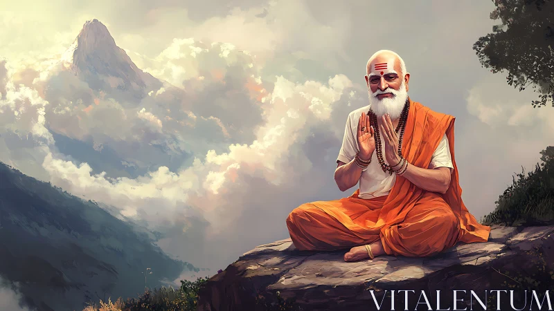 Gentle sage in orange robes shares calm on a mountain ledge