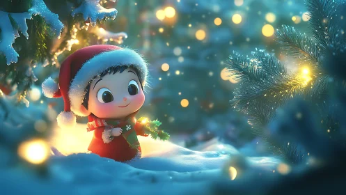 Cute child elf explores glowing snowy Christmas forest