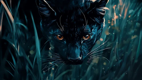 Digital painting of stalking panther in neon dusk foliage.