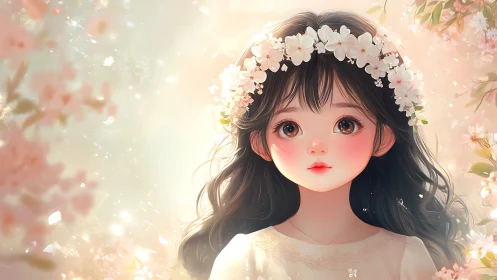 Softly illuminated anime girl with floral crown in spring haze