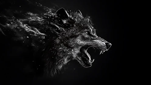 Howling wolf profile dissolving into abstract light trail.