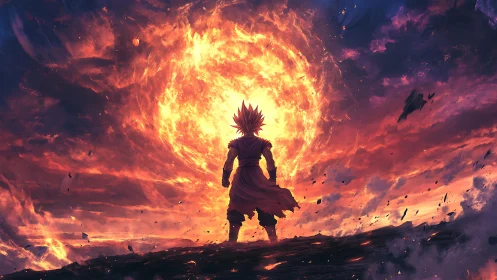 Warrior silhouette facing vast fiery celestial vortex.