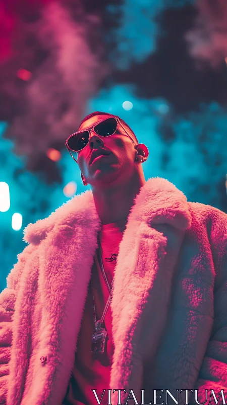 Neon-flooded street icon wrapped in candy-pink faux fur.