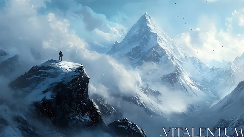 Solitary climber confronting vast sunlit alpine summit.