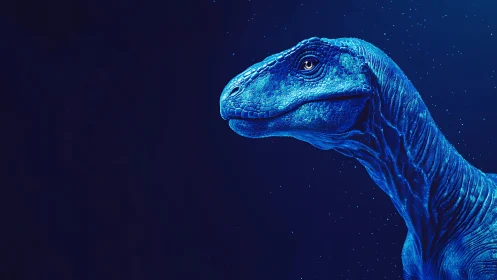 Blue dinosaur profile against dark star-like backdrop.