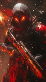 Hooded sci fi guardian glows with fierce ember light.