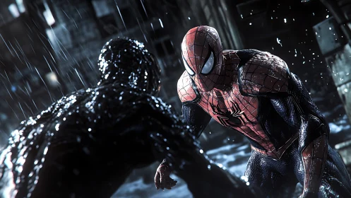 Spider-themed hero faces dark foe in detailed rainy duel.