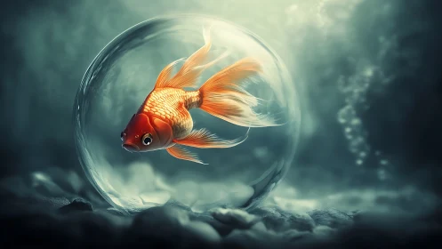 Goldfish enclosed in glass sphere over soft seabed.