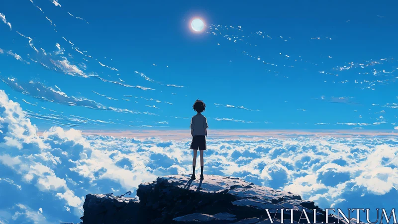 Solitary figure above stratocumulus cloud sea under zenith sun