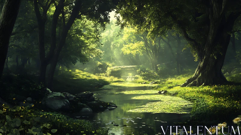 Forest stream corridor with deciduous canopy and diffuse sunlight.