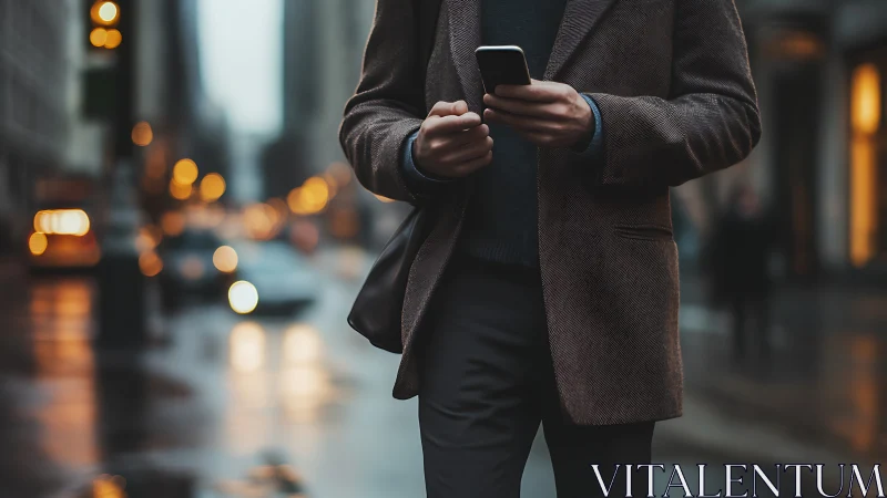 Business professional using smartphone on urban street at dusk.