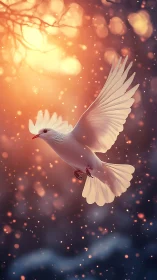 Gentle white dove gliding through golden sunset glow.
