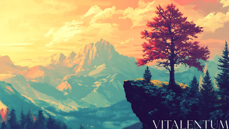 Solitary ember tree crowns a cliff above painted mountains