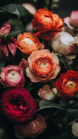 Vibrant Rose Cluster with Coral and Crimson Blooms.