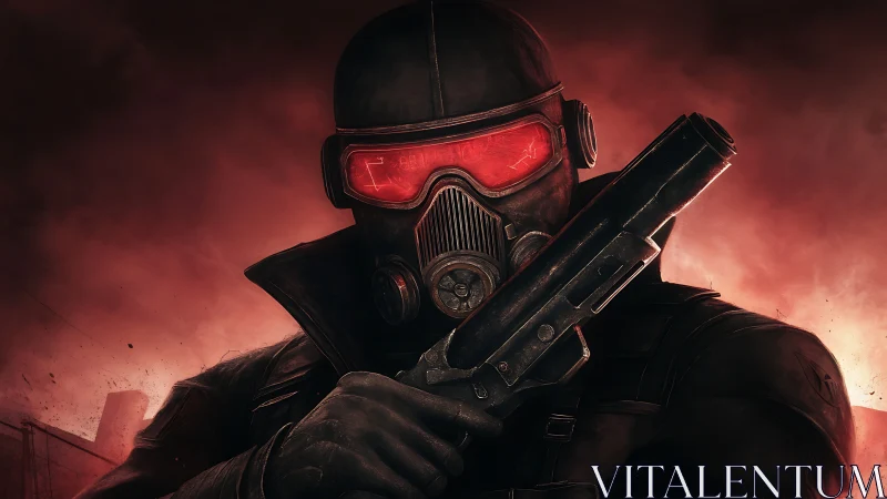 Armored wasteland enforcer with red visor in burning haze.