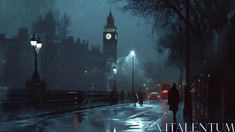 Rain-soaked London embankment glows under moody blue night.