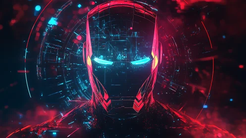 Futuristic armored hero gazes out from glowing digital chaos
