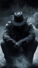 Solitary cowboy silhouette in dark cinematic smoke scene.