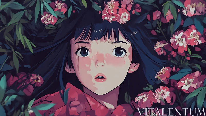 Blossom-drenched gaze of a startled girl in midnight petals.