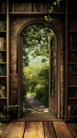 Arched library doorway reveals sunlit forest path in depth
