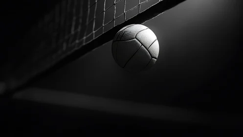 Volleyball pauses on net in stark black and white light.