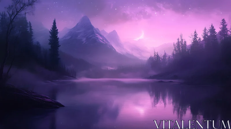Purple twilight mountains reflected in calm forest lake.