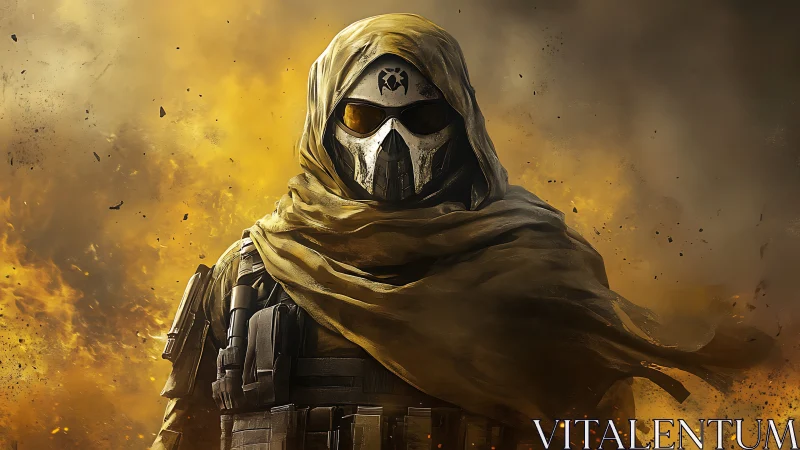 Masked desert warrior strides through roaring firestorm