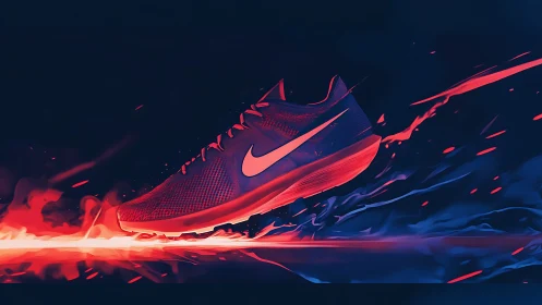 Neon running shoe streaks through blazing electric trail.