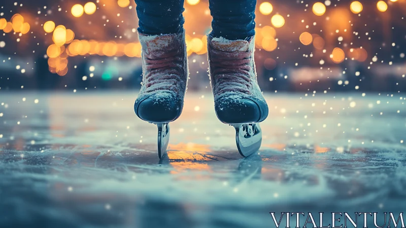 Snow-dusted ice skates gliding across winter rink at dusk.