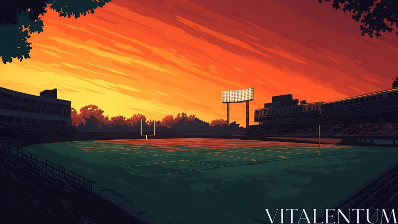 Empty football stadium glows under vivid orange sunset sky