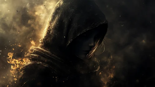 Shrouded fire mage drifting through shadow and embered dusk.