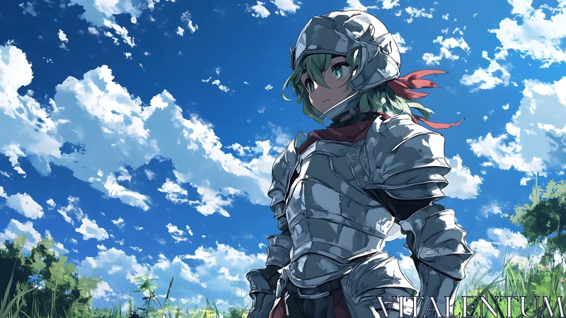 Young anime knight in reflective plate armor under vivid sky