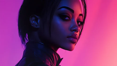 Neon lit portrait of woman in glossy jacket, side gaze.