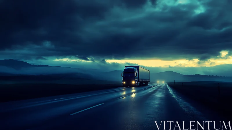 Midnight freight truck on glossy highway under storm clouds.