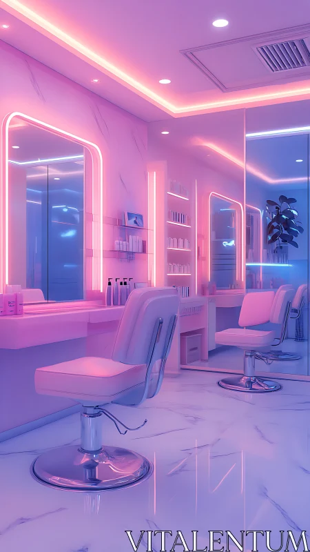Neon-lit futuristic salon interior with pink-blue glow.