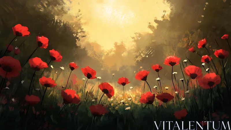 Sunlit poppy field glows warmly beneath a hazy golden sky