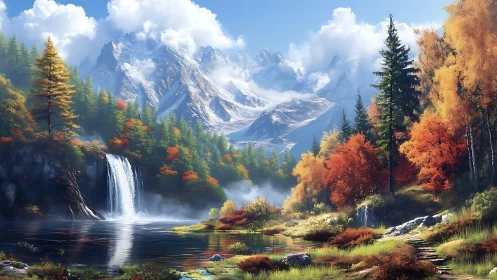 Autumn forest surrounds alpine waterfall and reflective lake