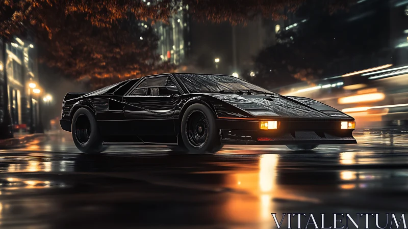 Midnight wedge racer slicing neon rainlit city streets.