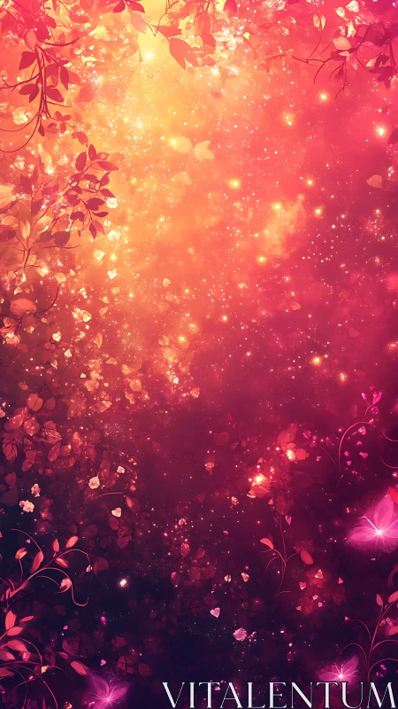 Glowing garden drifts into a rose-gold cosmic twilight