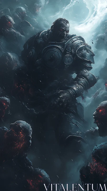 Armored cyber-warrior in stormlit battle with fiery wraiths.