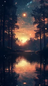 Celestial dusk over reflective forest river renders cosmic depth