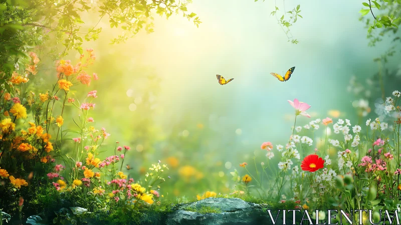Sunlit wildflower glade with butterflies in soft atmospheric haze